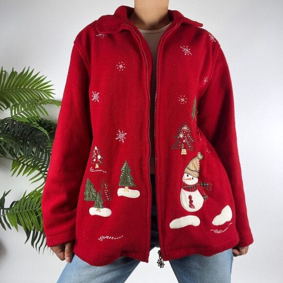 Vintage 90s Red Holiday Grandma Ugly Christmas Oversized Sweater Jacket / S - Picture 5 of 7